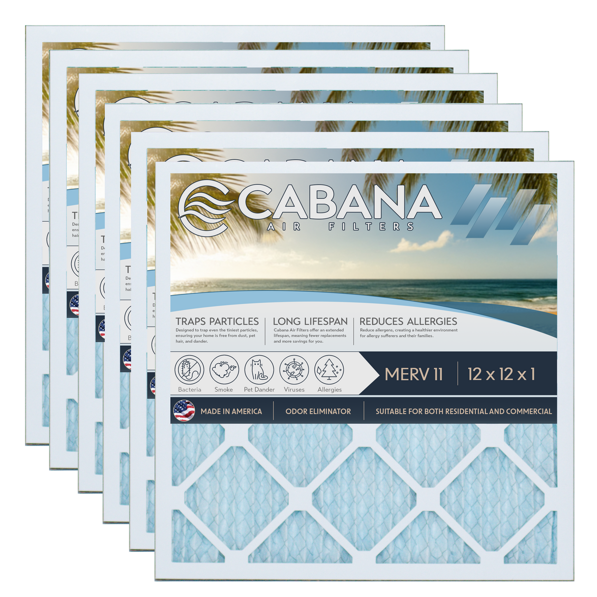Cabana Filters 12x12x1 AC Furnace Air Filter Capture Unwanted Particles, Pleated Furnace Filter HVAC AC Filters - Made in the USA - 6 Pack
