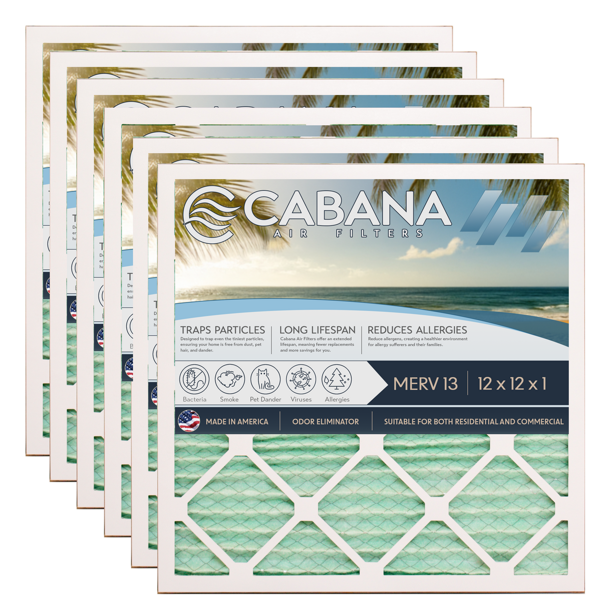 Cabana Filters 12x12x1 AC Furnace Air Filter Capture Unwanted Particles, Pleated Furnace Filter HVAC AC Filters - Made in the USA - 6 Pack