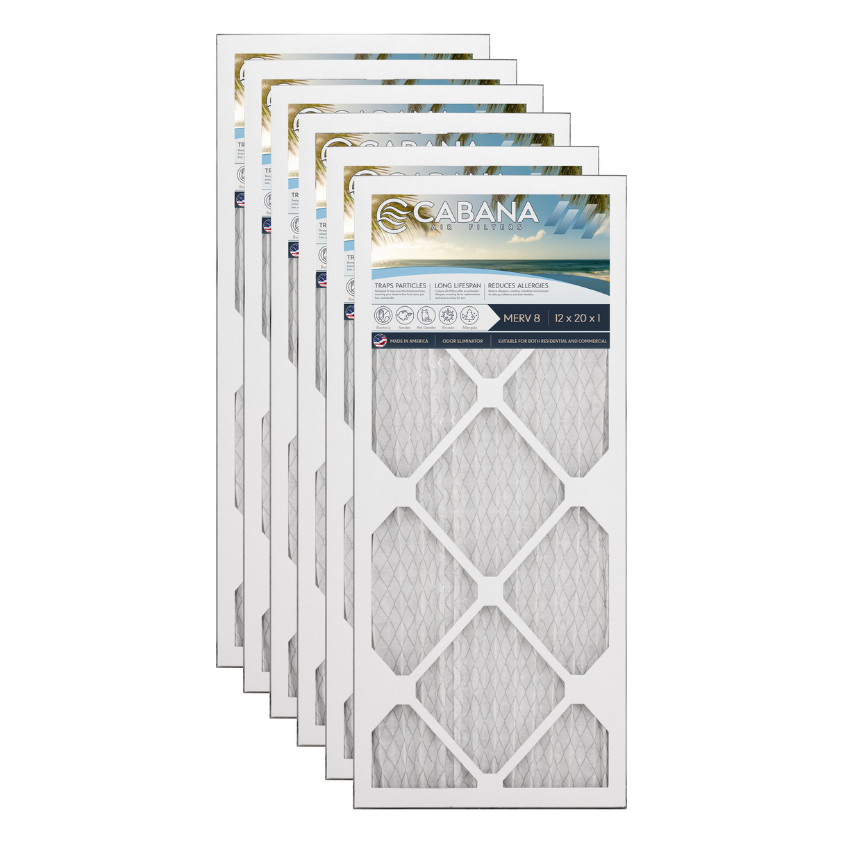 Cabana Filters 12x20x1 AC Furnace Air Filter Capture Unwanted Particles, Pleated Furnace Filter HVAC AC Filters - Made in the USA - 6 Pack