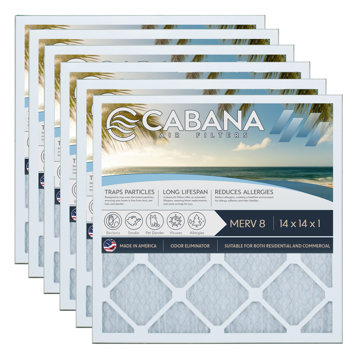 Cabana Filters 14x14x1 AC Furnace Air Filter Capture Unwanted Particles, Pleated Furnace Filter HVAC AC Filters - Made in the USA - 6 Pack