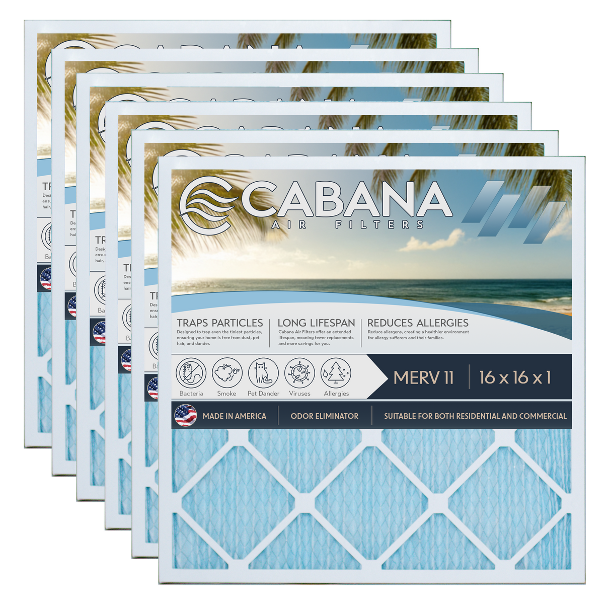 Cabana Filters 16x16x1 AC Furnace Air Filter Capture Unwanted Particles, Pleated Furnace Filter HVAC AC Filters - Made in the USA - 6 Pack