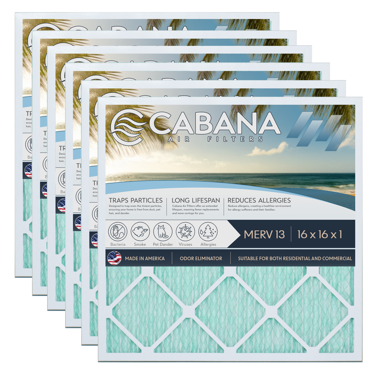 Cabana Filters 16x16x1 AC Furnace Air Filter Capture Unwanted Particles, Pleated Furnace Filter HVAC AC Filters - Made in the USA - 6 Pack
