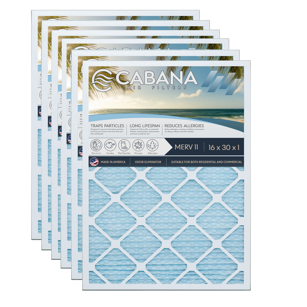 Cabana Filters 16x30x1 AC Furnace Air Filter Capture Unwanted Particles, Pleated Furnace Filter HVAC AC Filters - Made in the USA - 6 Pack