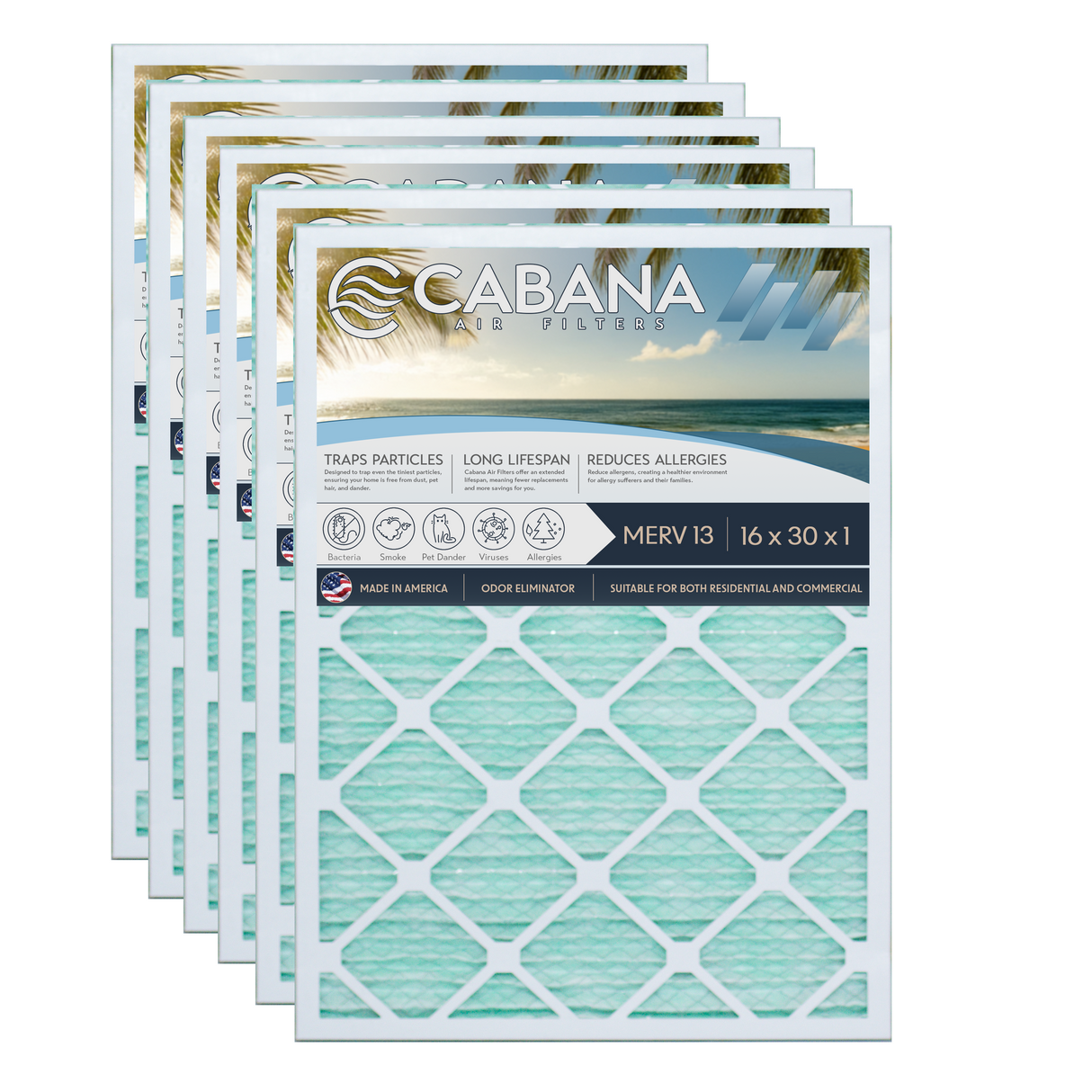 Cabana Filters 16x30x1 AC Furnace Air Filter Capture Unwanted Particles, Pleated Furnace Filter HVAC AC Filters - Made in the USA - 6 Pack
