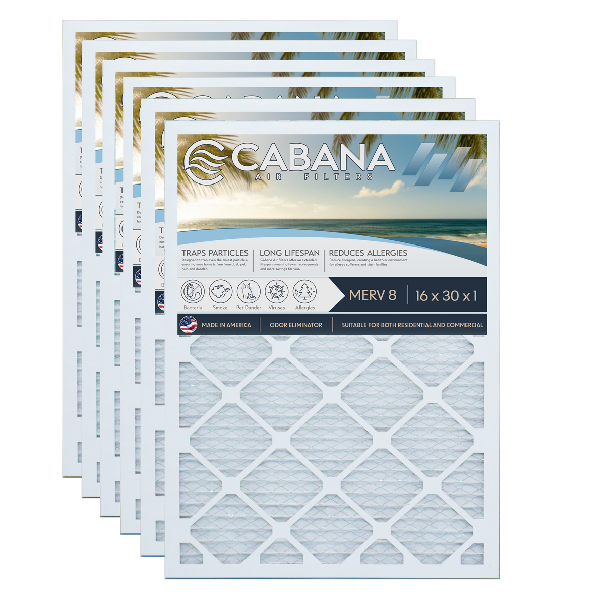 Cabana Filters 16x30x1 AC Furnace Air Filter Capture Unwanted Particles, Pleated Furnace Filter HVAC AC Filters - Made in the USA - 6 Pack