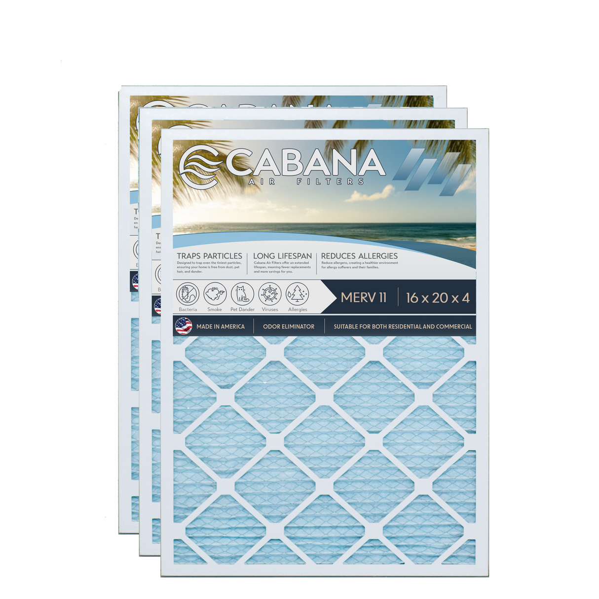 Cabana Filters 16x20x4 AC Furnace Air Filter Capture Unwanted Particles, Pleated Furnace Filter HVAC AC Filters - Made in the USA - 3 Pack