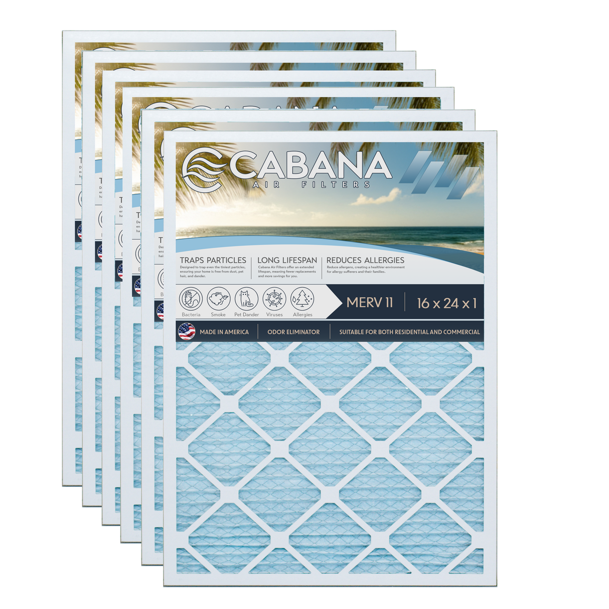 Cabana Filters 16x24x1 AC Furnace Air Filter Capture Unwanted Particles, Pleated Furnace Filter HVAC AC Filters - Made in the USA - 6 Pack