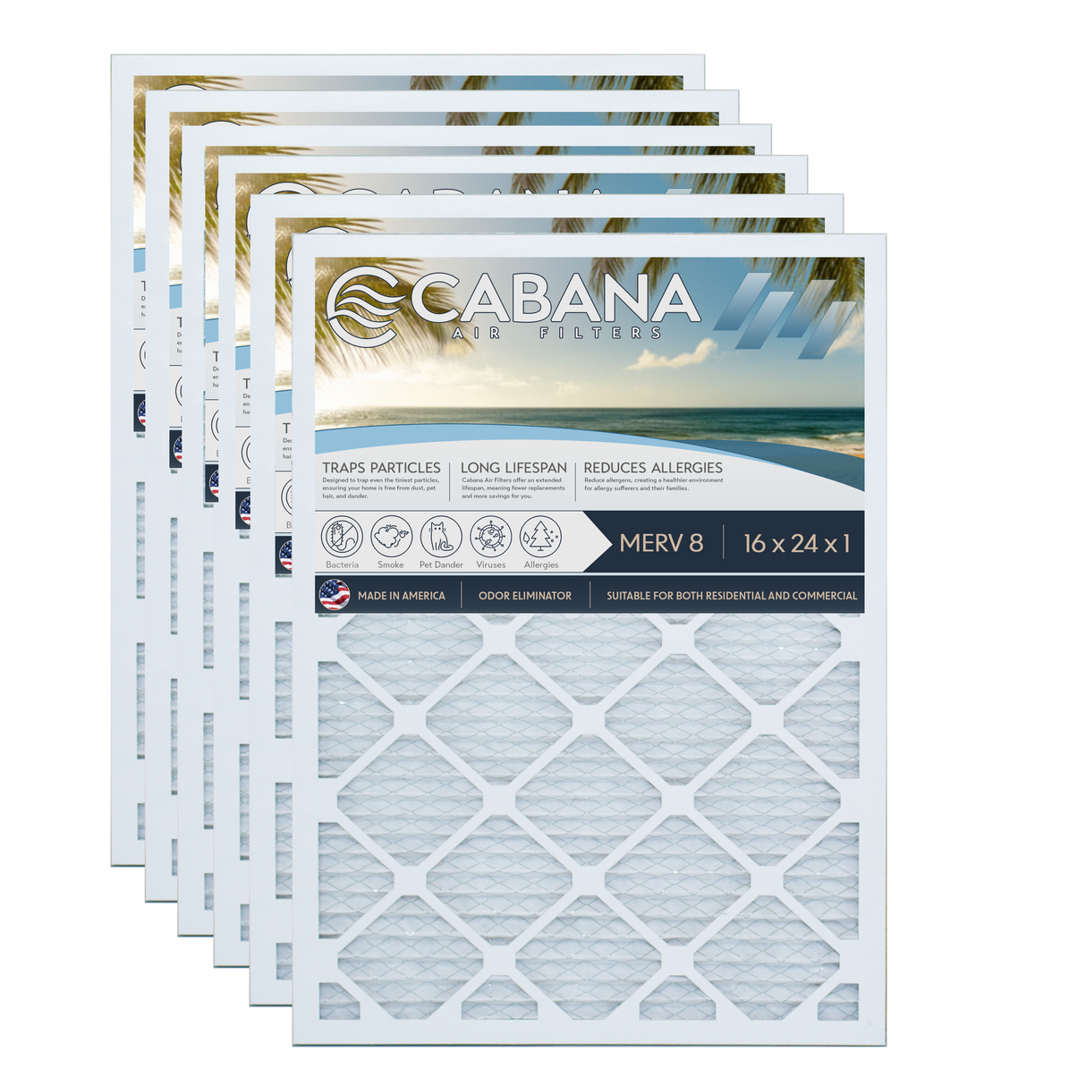 Cabana Filters 16x24x1 AC Furnace Air Filter Capture Unwanted Particles, Pleated Furnace Filter HVAC AC Filters - Made in the USA - 6 Pack