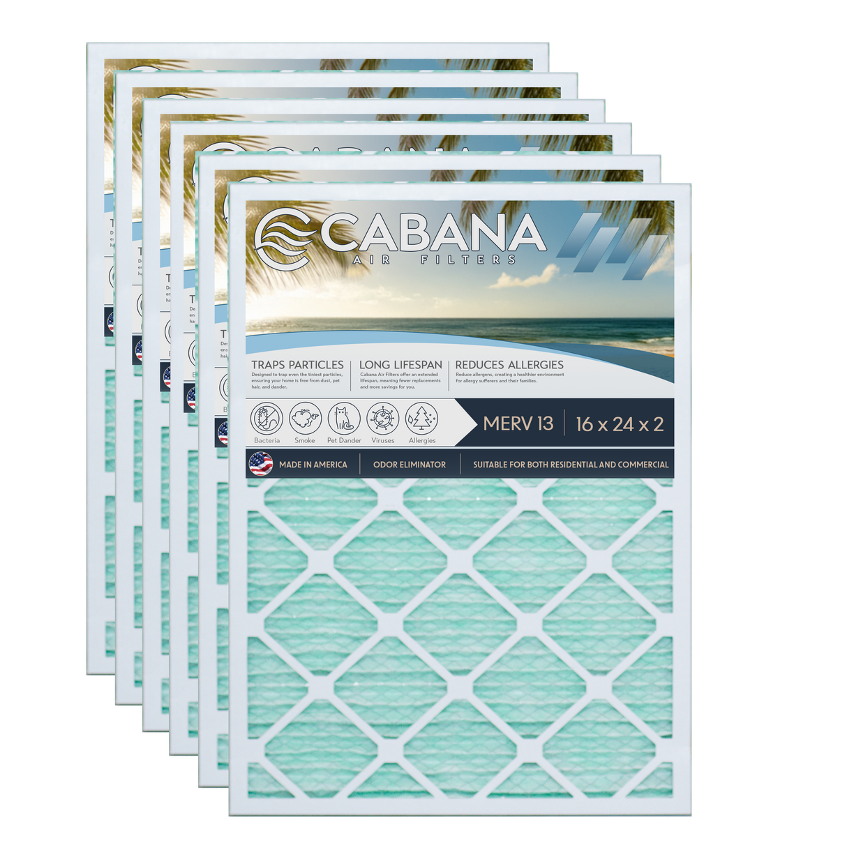 Cabana Filters 16x24x2 AC Furnace Air Filter Capture Unwanted Particles, Pleated Furnace Filter HVAC AC Filters - Made in the USA - 6 Pack