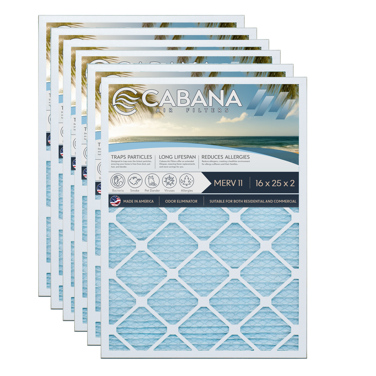 Cabana Filters 16x25x2 AC Furnace Air Filter Capture Unwanted Particles, Pleated Furnace Filter HVAC AC Filters - Made in the USA - 6 Pack