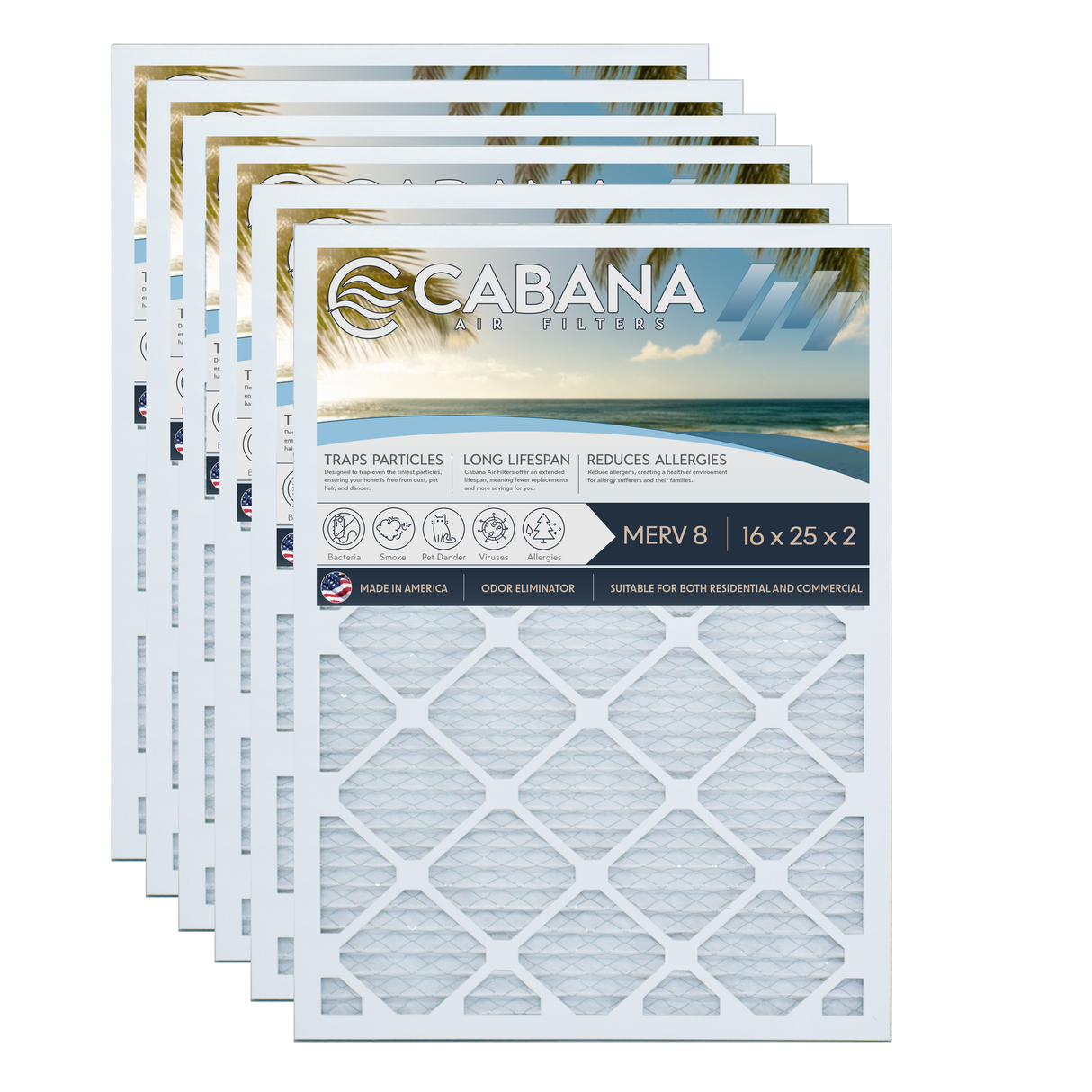 Cabana Filters 16x25x2 AC Furnace Air Filter Capture Unwanted Particles, Pleated Furnace Filter HVAC AC Filters - Made in the USA - 6 Pack