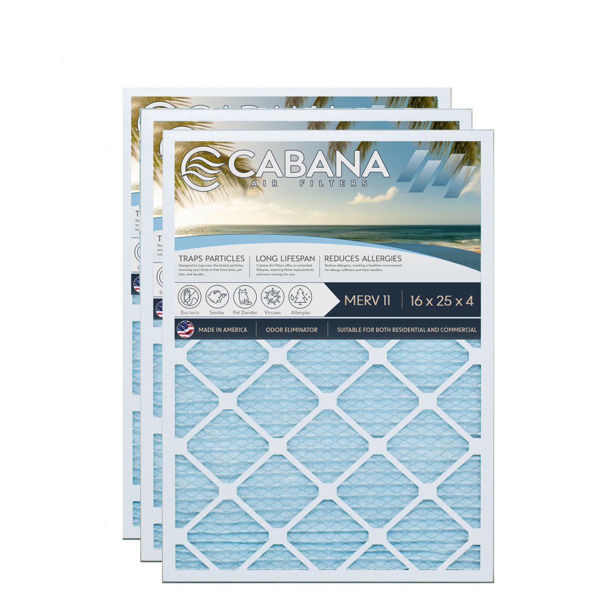Cabana Filters 16x25x4 AC Furnace Air Filter Capture Unwanted Particles, Pleated Furnace Filter HVAC AC Filters - Made in the USA - 3 Pack