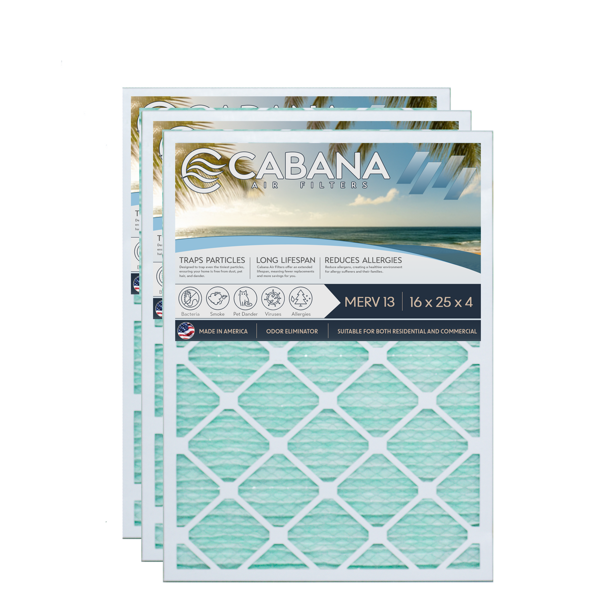 Cabana Filters 16x25x4 AC Furnace Air Filter Capture Unwanted Particles, Pleated Furnace Filter HVAC AC Filters - Made in the USA - 3 Pack