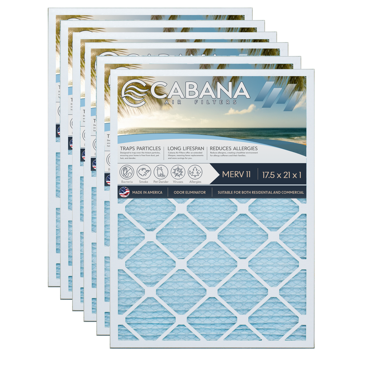 Cabana Filters 17.5x21x1 AC Furnace Air Filter Capture Unwanted Particles, Pleated Furnace Filter HVAC AC Filters - Made in the USA - 6 Pack
