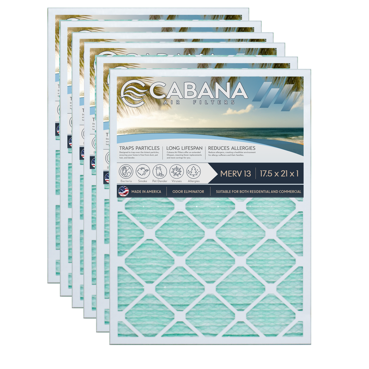 Cabana Filters 17.5x21x1 AC Furnace Air Filter Capture Unwanted Particles, Pleated Furnace Filter HVAC AC Filters - Made in the USA - 6 Pack