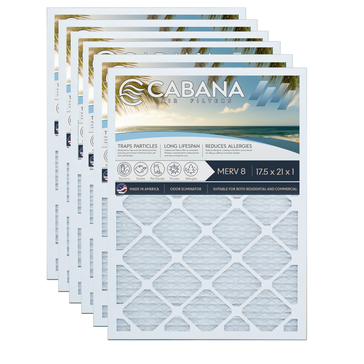 Cabana Filters 17.5x21x1 AC Furnace Air Filter Capture Unwanted Particles, Pleated Furnace Filter HVAC AC Filters - Made in the USA - 6 Pack