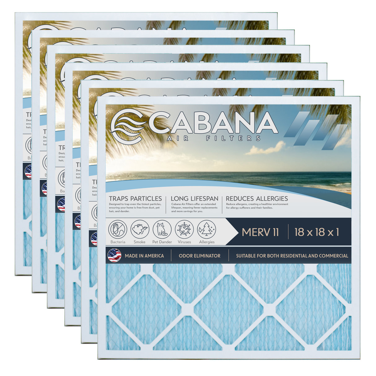 Cabana Filters 18x18x1 AC Furnace Air Filter Capture Unwanted Particles, Pleated Furnace Filter HVAC AC Filters - Made in the USA - 6 Pack