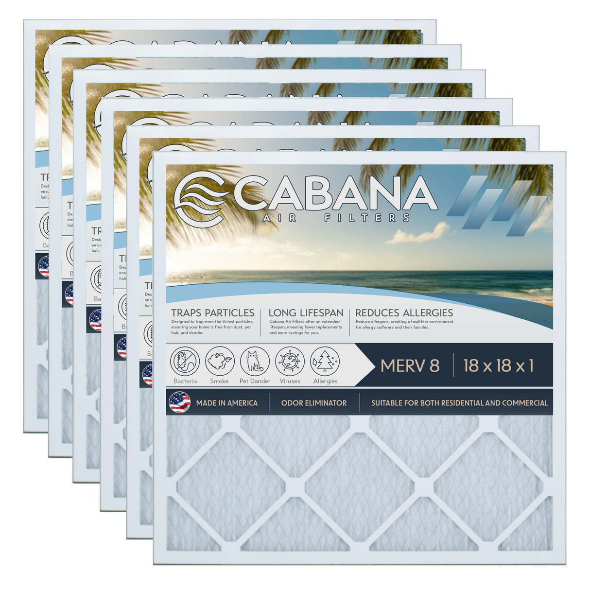 Cabana Filters 18x18x1 AC Furnace Air Filter Capture Unwanted Particles, Pleated Furnace Filter HVAC AC Filters - Made in the USA - 6 Pack