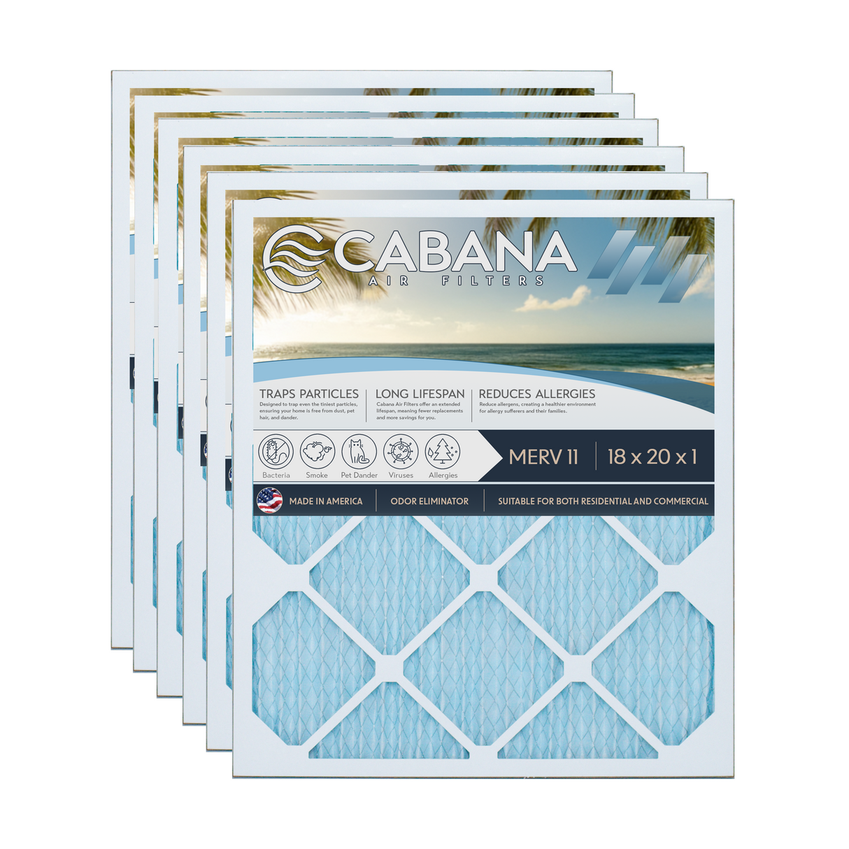 Cabana Filters 18x20x1 AC Furnace Air Filter Capture Unwanted Particles, Pleated Furnace Filter HVAC AC Filters - Made in the USA - 6 Pack