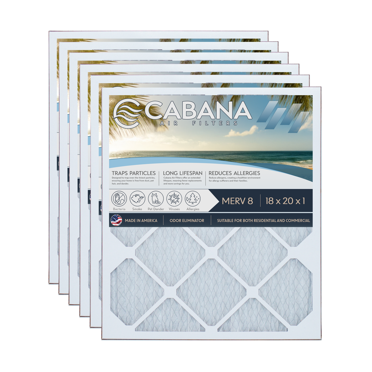 Cabana Filters 18x20x1 AC Furnace Air Filter Capture Unwanted Particles, Pleated Furnace Filter HVAC AC Filters - Made in the USA - 6 Pack