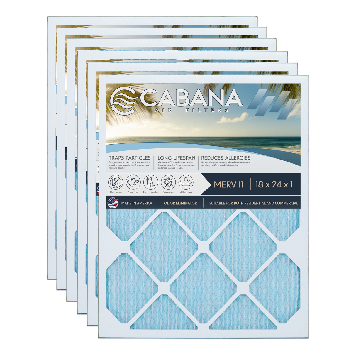 Cabana Filters 18x24x1 AC Furnace Air Filter Capture Unwanted Particles, Pleated Furnace Filter HVAC AC Filters - Made in the USA - 6 Pack