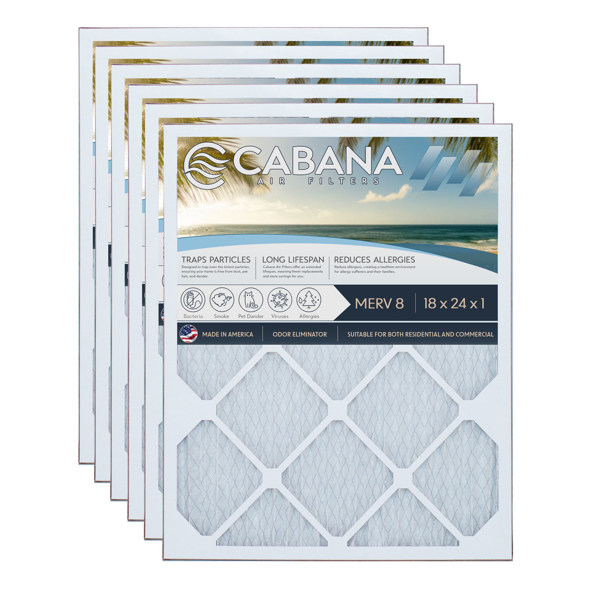 Cabana Filters 18x24x1 AC Furnace Air Filter Capture Unwanted Particles, Pleated Furnace Filter HVAC AC Filters - Made in the USA - 6 Pack