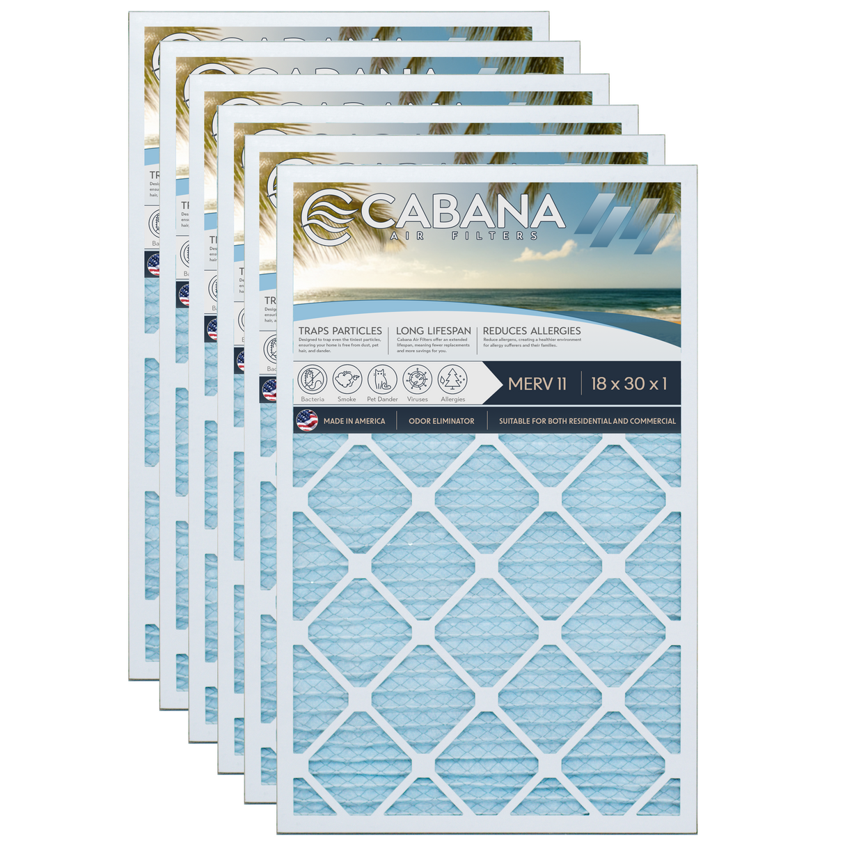 Cabana Filters 18x30x1 AC Furnace Air Filter Capture Unwanted Particles, Pleated Furnace Filter HVAC AC Filters - Made in the USA - 6 Pack