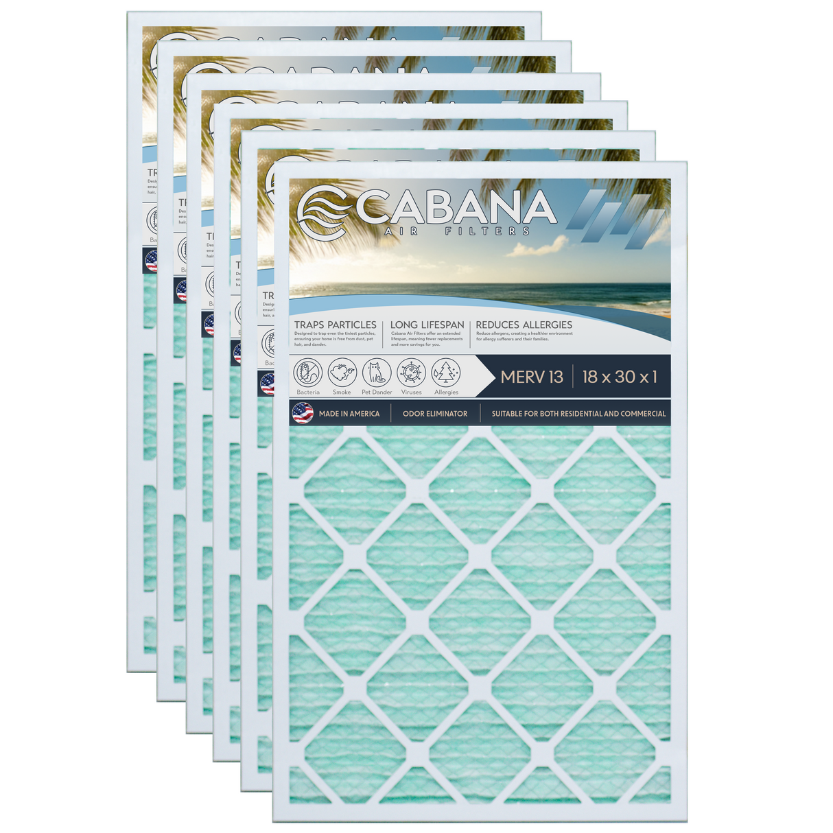 Cabana Filters 18x30x1 AC Furnace Air Filter Capture Unwanted Particles, Pleated Furnace Filter HVAC AC Filters - Made in the USA - 6 Pack