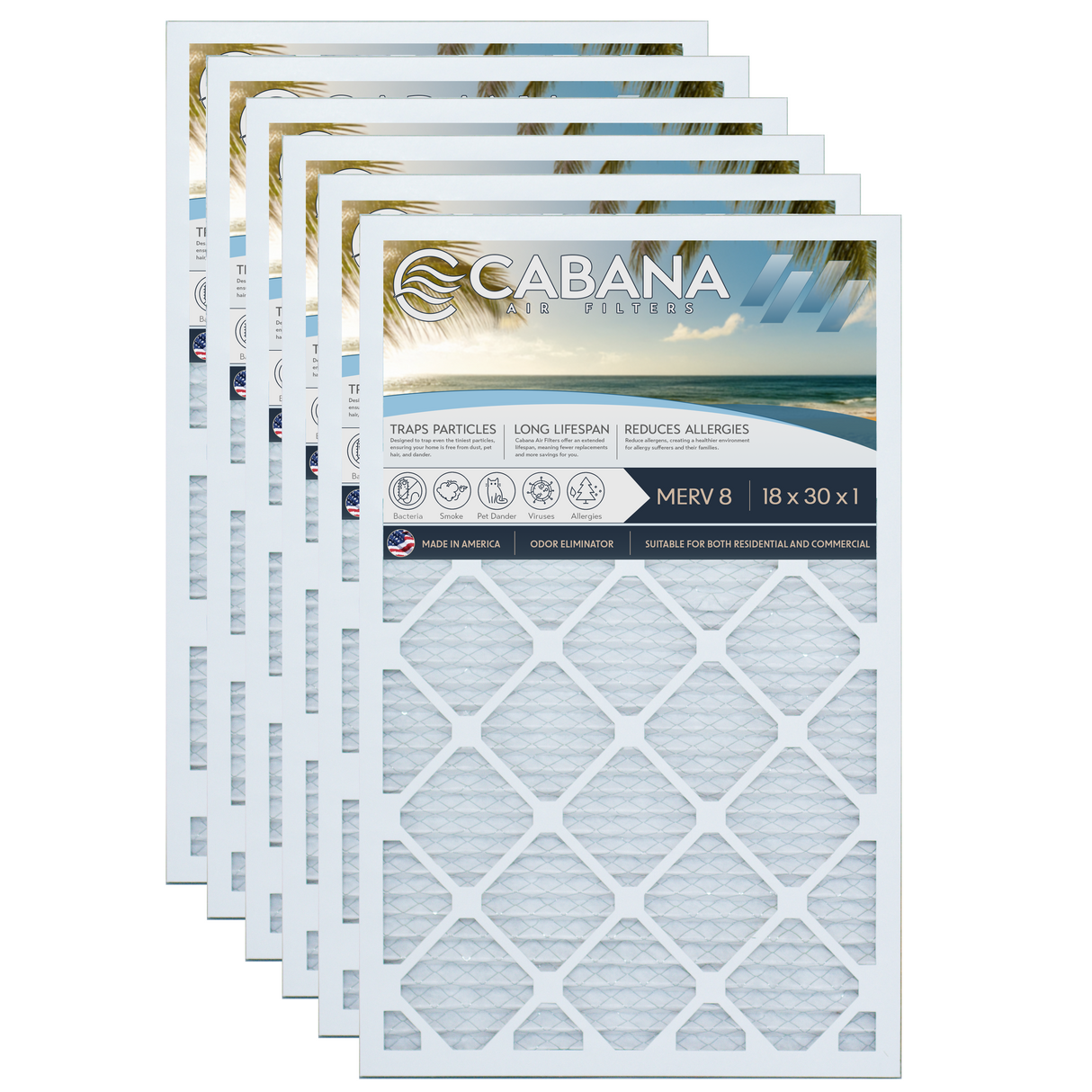 Cabana Filters 18x30x1 AC Furnace Air Filter Capture Unwanted Particles, Pleated Furnace Filter HVAC AC Filters - Made in the USA - 6 Pack