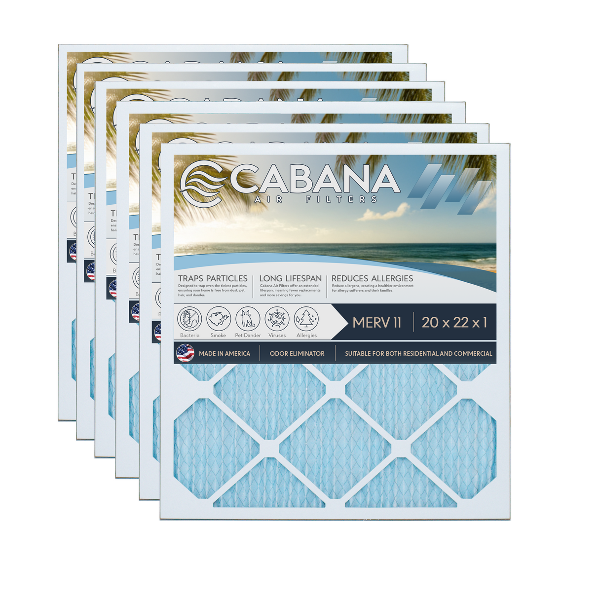 Cabana Filters 20x22x1 AC Furnace Air Filter Capture Unwanted Particles, Pleated Furnace Filter HVAC AC Filters - Made in the USA - 6 Pack