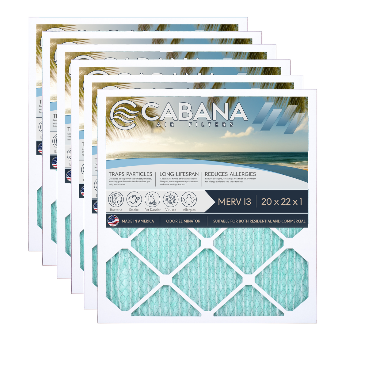 Cabana Filters 20x22x1 AC Furnace Air Filter Capture Unwanted Particles, Pleated Furnace Filter HVAC AC Filters - Made in the USA - 6 Pack