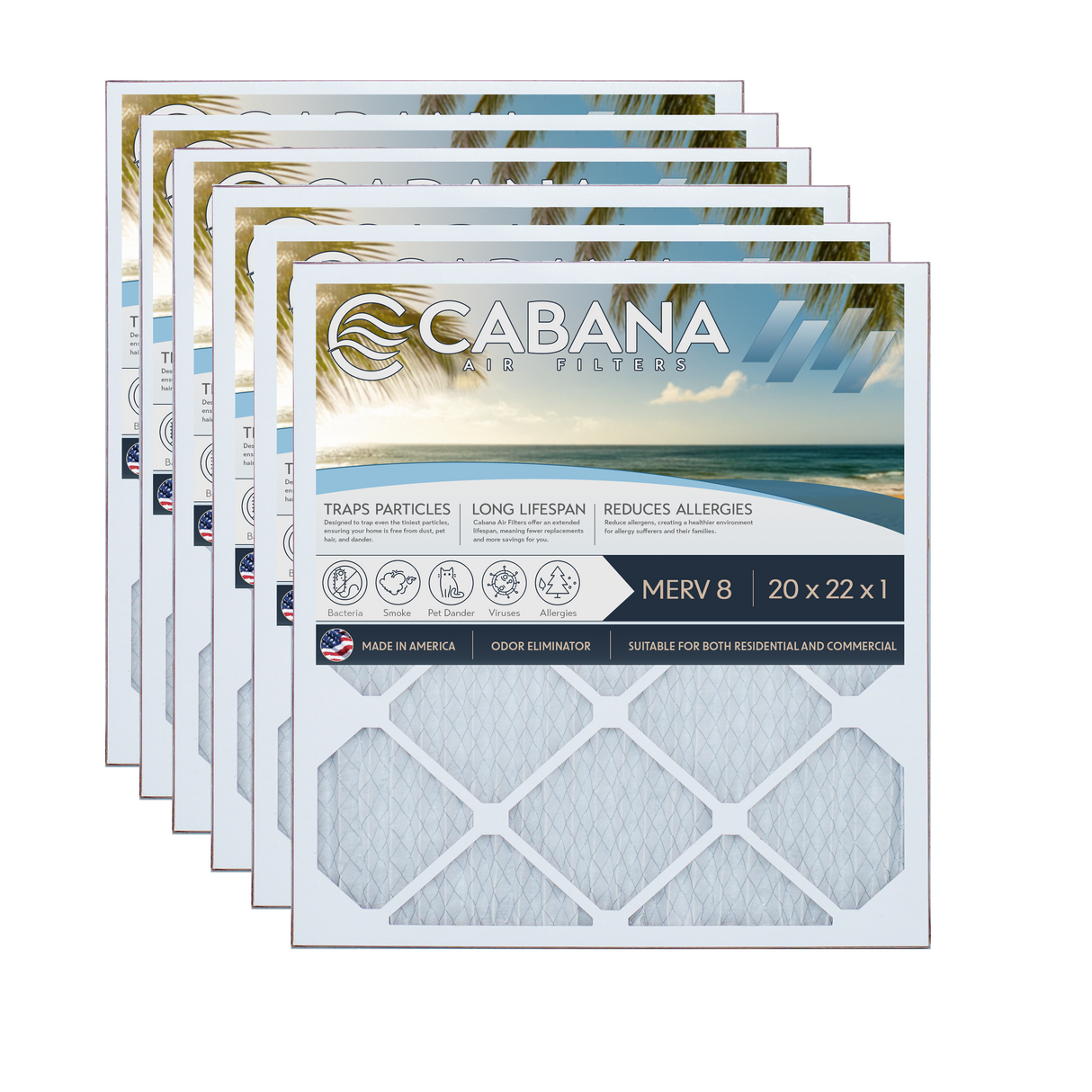 Cabana Filters 20x22x1 AC Furnace Air Filter Capture Unwanted Particles, Pleated Furnace Filter HVAC AC Filters - Made in the USA - 6 Pack