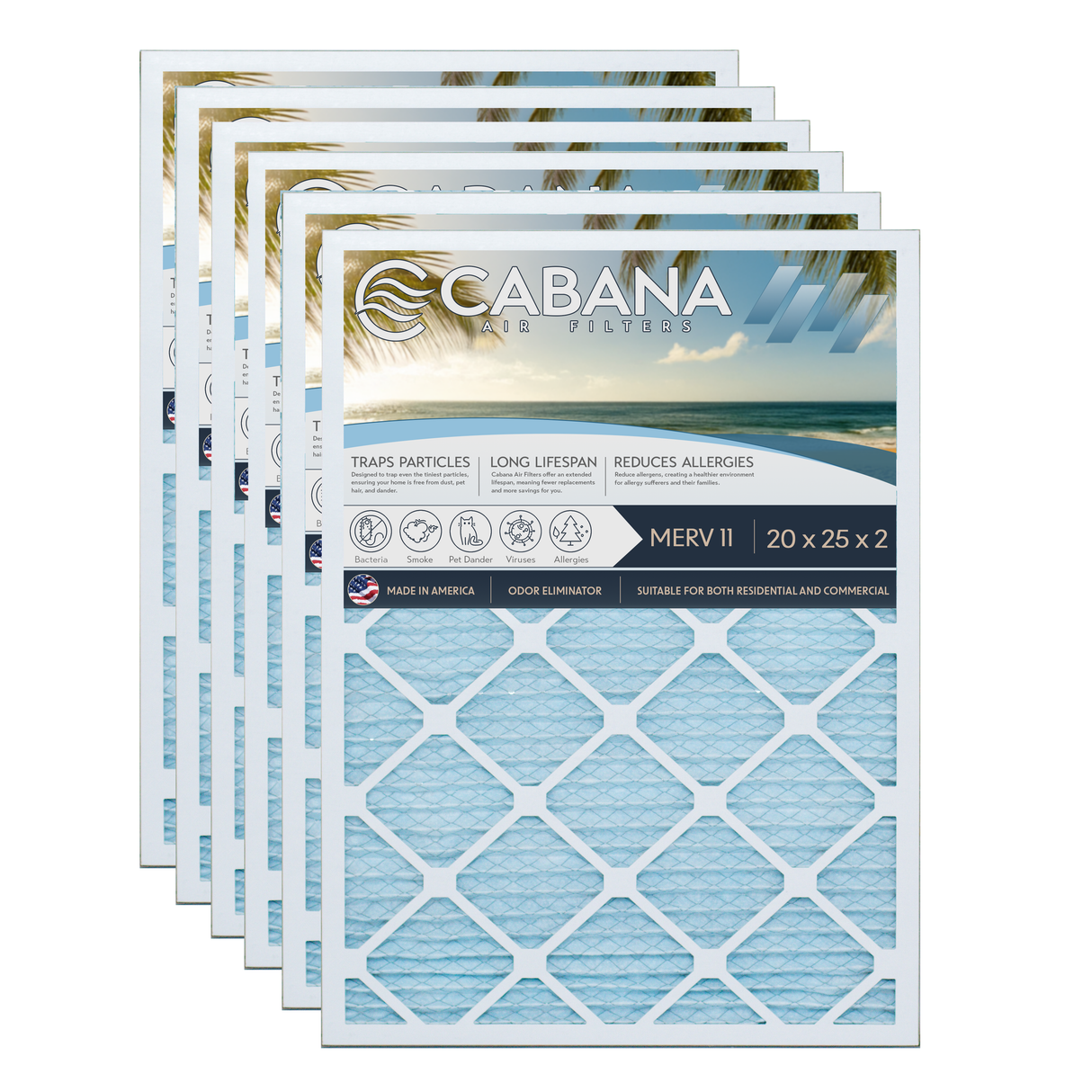 Cabana Filters 20x25x2 AC Furnace Air Filter Capture Unwanted Particles, Pleated Furnace Filter HVAC AC Filters - Made in the USA - 6 Pack