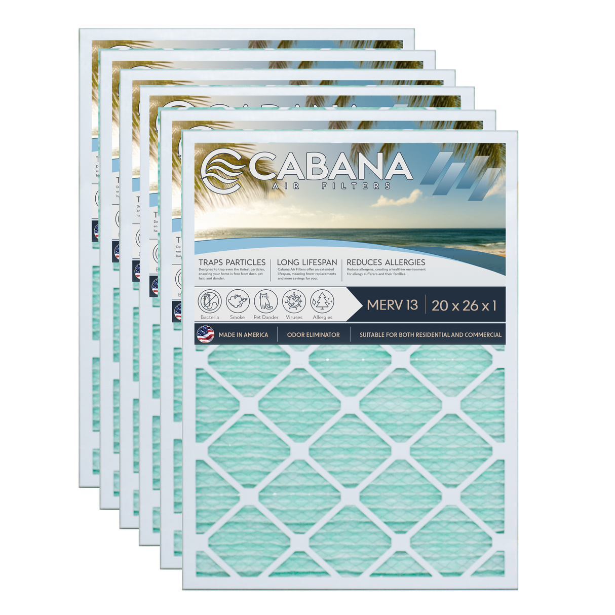 Cabana Filters 20x26x1 AC Furnace Air Filter Capture Unwanted Particles, Pleated Furnace Filter HVAC AC Filters - Made in the USA - 6 Pack
