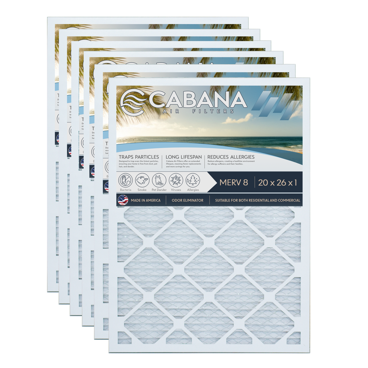 Cabana Filters 20x26x1 AC Furnace Air Filter Capture Unwanted Particles, Pleated Furnace Filter HVAC AC Filters - Made in the USA - 6 Pack