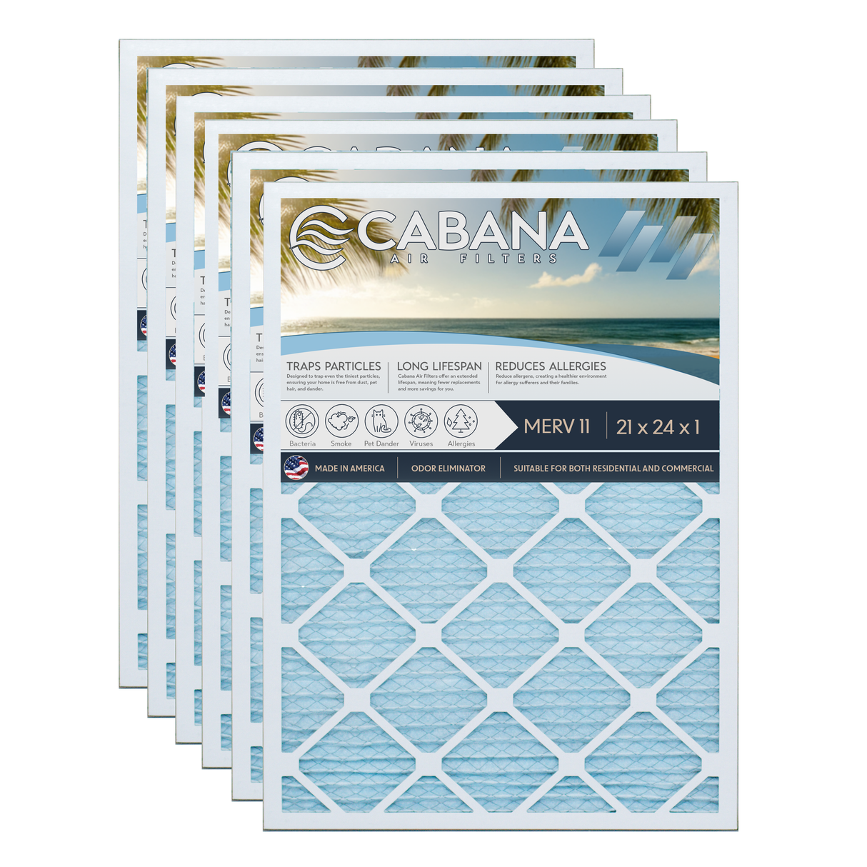 Cabana Filters 21x24x1 AC Furnace Air Filter Capture Unwanted Particles, Pleated Furnace Filter HVAC AC Filters - Made in the USA - 6 Pack
