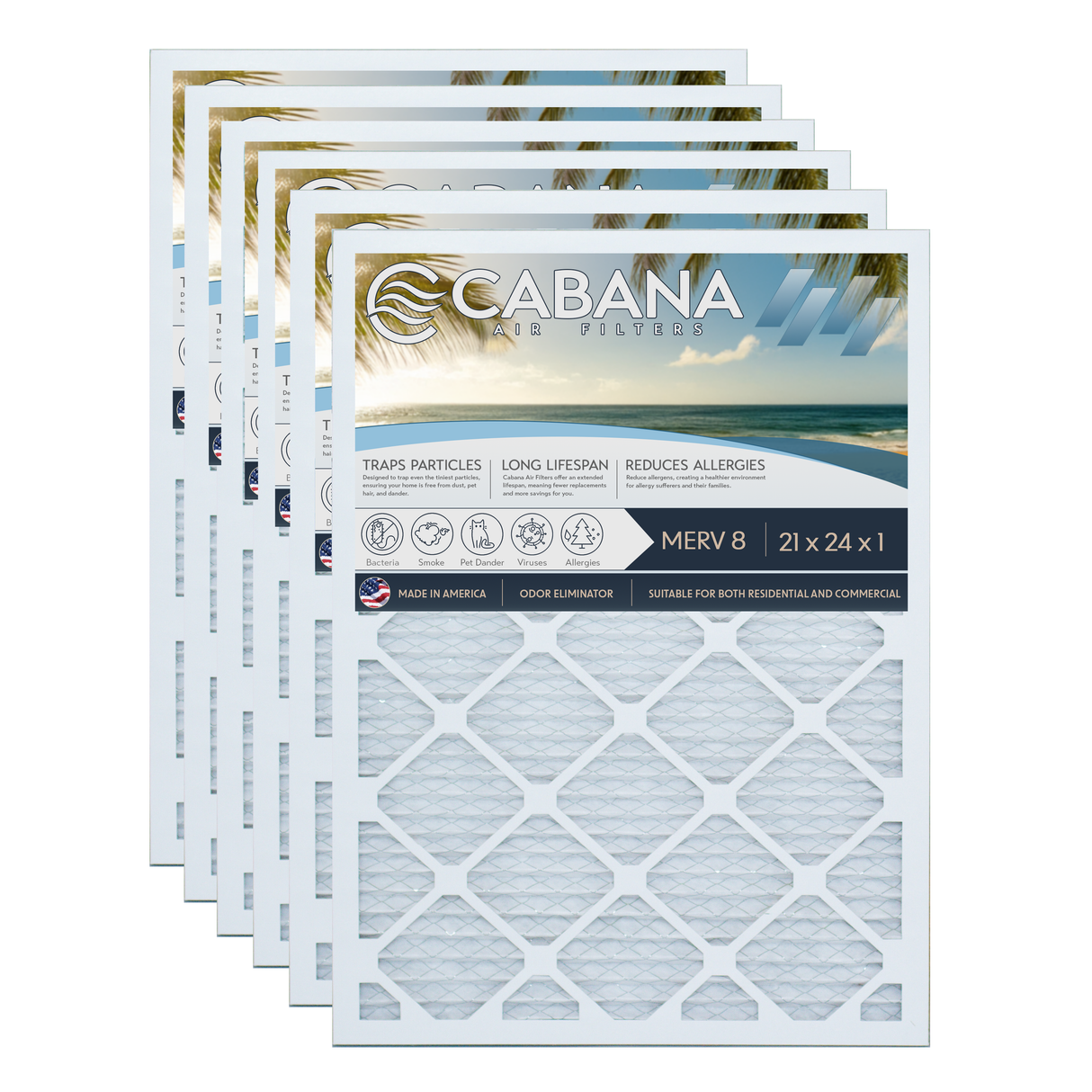 Cabana Filters 21x24x1 AC Furnace Air Filter Capture Unwanted Particles, Pleated Furnace Filter HVAC AC Filters - Made in the USA - 6 Pack