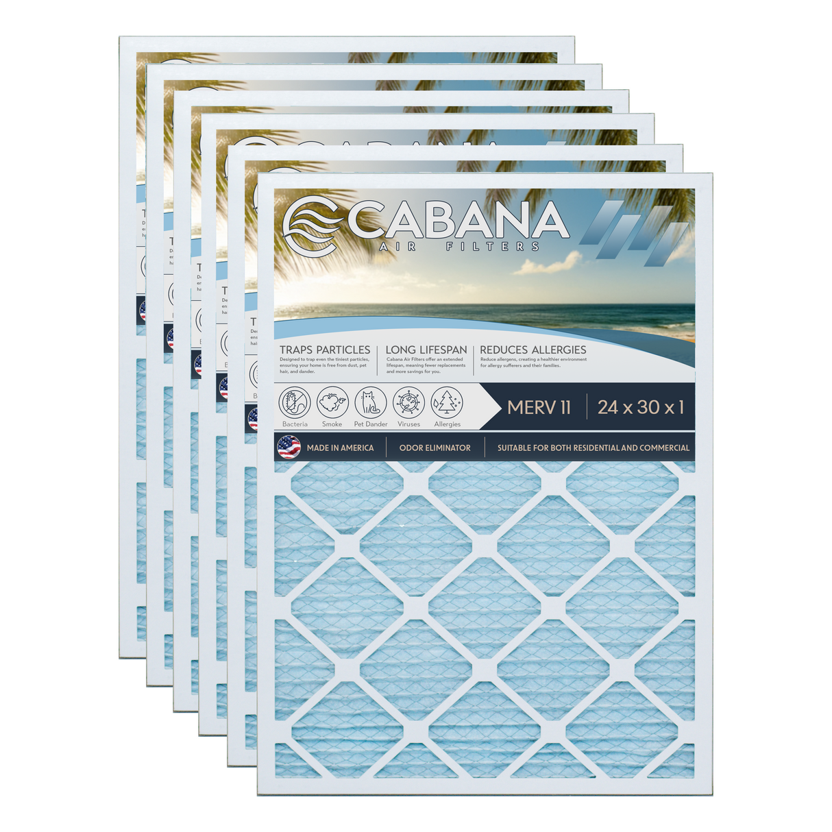 Cabana Filters 24x30x1 AC Furnace Air Filter Capture Unwanted Particles, Pleated Furnace Filter HVAC AC Filters - Made in the USA - 6 Pack