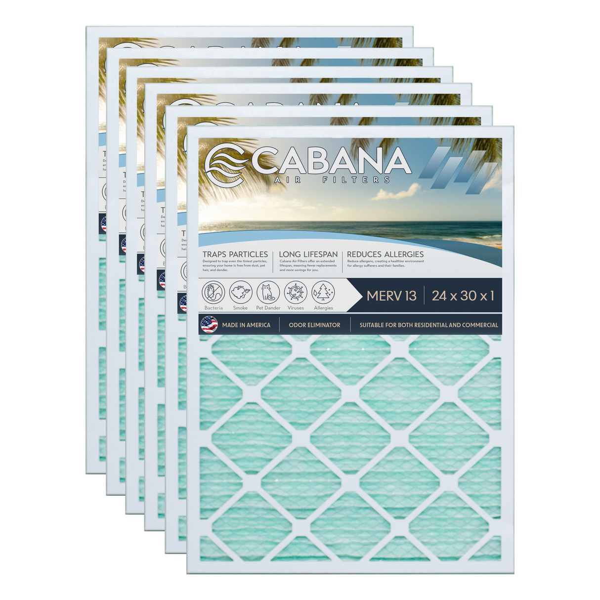 Cabana Filters 24x30x1 AC Furnace Air Filter Capture Unwanted Particles, Pleated Furnace Filter HVAC AC Filters - Made in the USA - 6 Pack
