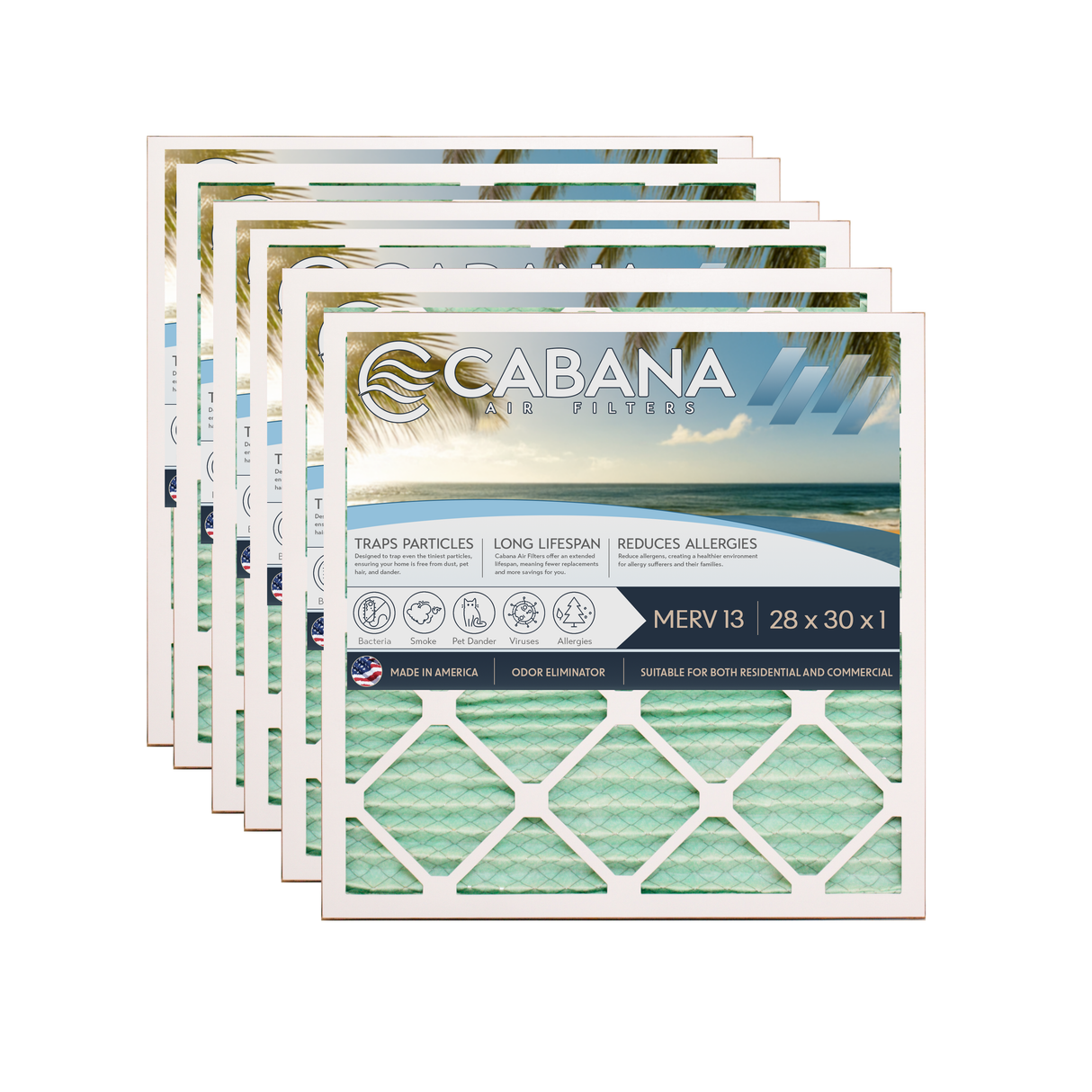 Cabana Filters 28x30x1 AC Furnace Air Filter Capture Unwanted Particles, Pleated Furnace Filter HVAC AC Filters - Made in the USA - 6 Pack