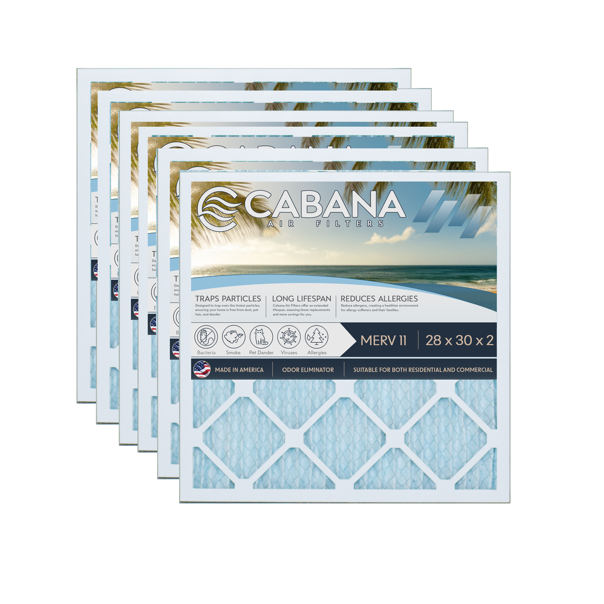 Cabana Filters 28x30x2 AC Furnace Air Filter Capture Unwanted Particles, Pleated Furnace Filter HVAC AC Filters - Made in the USA - 6 Pack