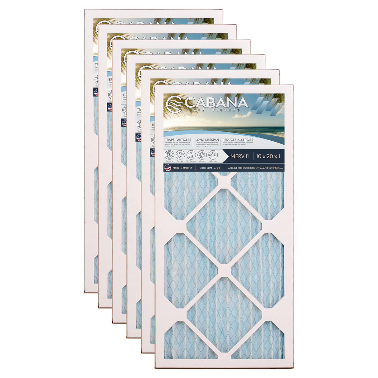 Cabana Filters 10x20x1 AC Furnace Air Filter Capture Unwanted Particles, Pleated Furnace Filter HVAC AC Filters - Made in the USA - 6 Pack