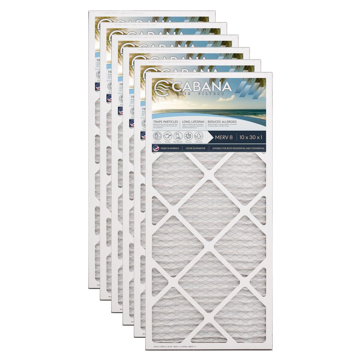 Cabana Filters 10x30x1 AC Furnace Air Filter Capture Unwanted Particles, Pleated Furnace Filter HVAC AC Filters - Made in the USA - 6 Pack