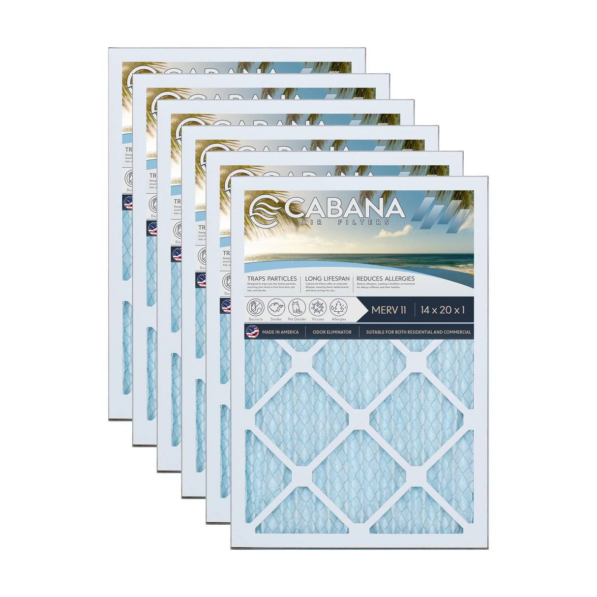 Cabana Filters 14x20x1 AC Furnace Air Filter Capture Unwanted Particles, Pleated Furnace Filter HVAC AC Filters - Made in the USA - 6 Pack