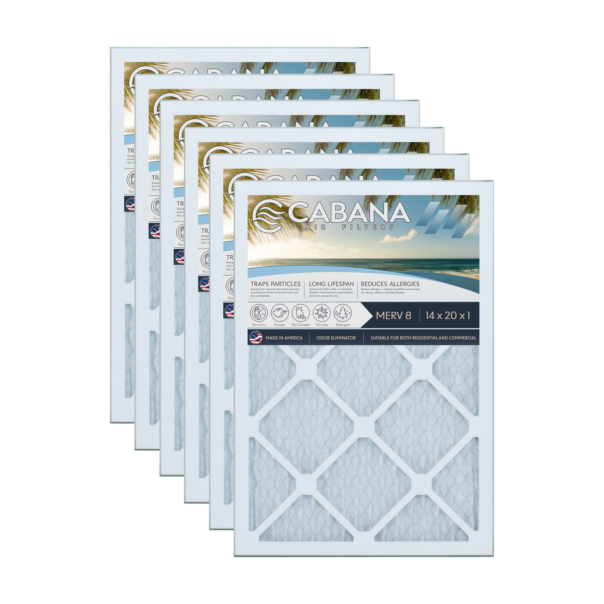 Cabana Filters 14x20x1 AC Furnace Air Filter Capture Unwanted Particles, Pleated Furnace Filter HVAC AC Filters - Made in the USA - 6 Pack