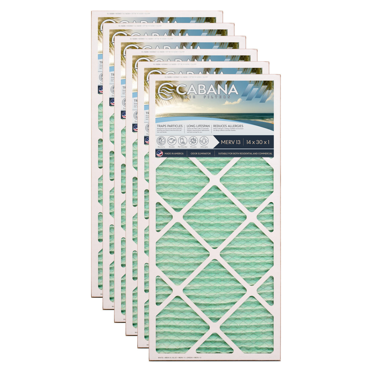 Cabana Filters 14x30x1 AC Furnace Air Filter Capture Unwanted Particles, Pleated Furnace Filter HVAC AC Filters - Made in the USA - 6 Pack