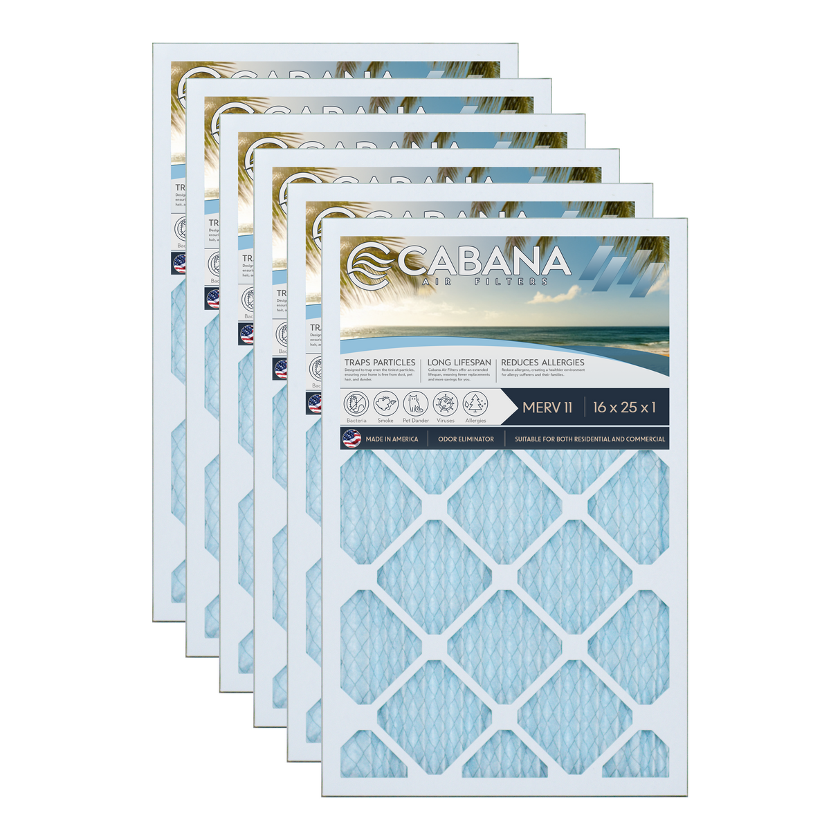 Cabana Filters 16x25x1 AC Furnace Air Filter Capture Unwanted Particles, Pleated Furnace Filter HVAC AC Filters - Made in the USA - 6 Pack