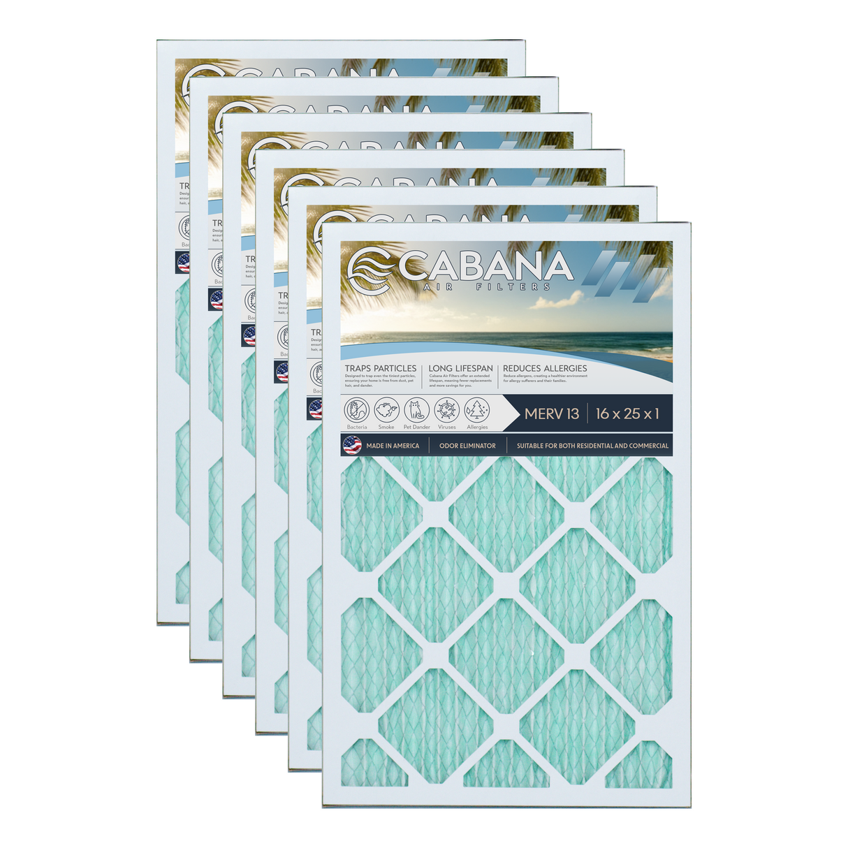 Cabana Filters 16x25x1 AC Furnace Air Filter Capture Unwanted Particles, Pleated Furnace Filter HVAC AC Filters - Made in the USA - 6 Pack