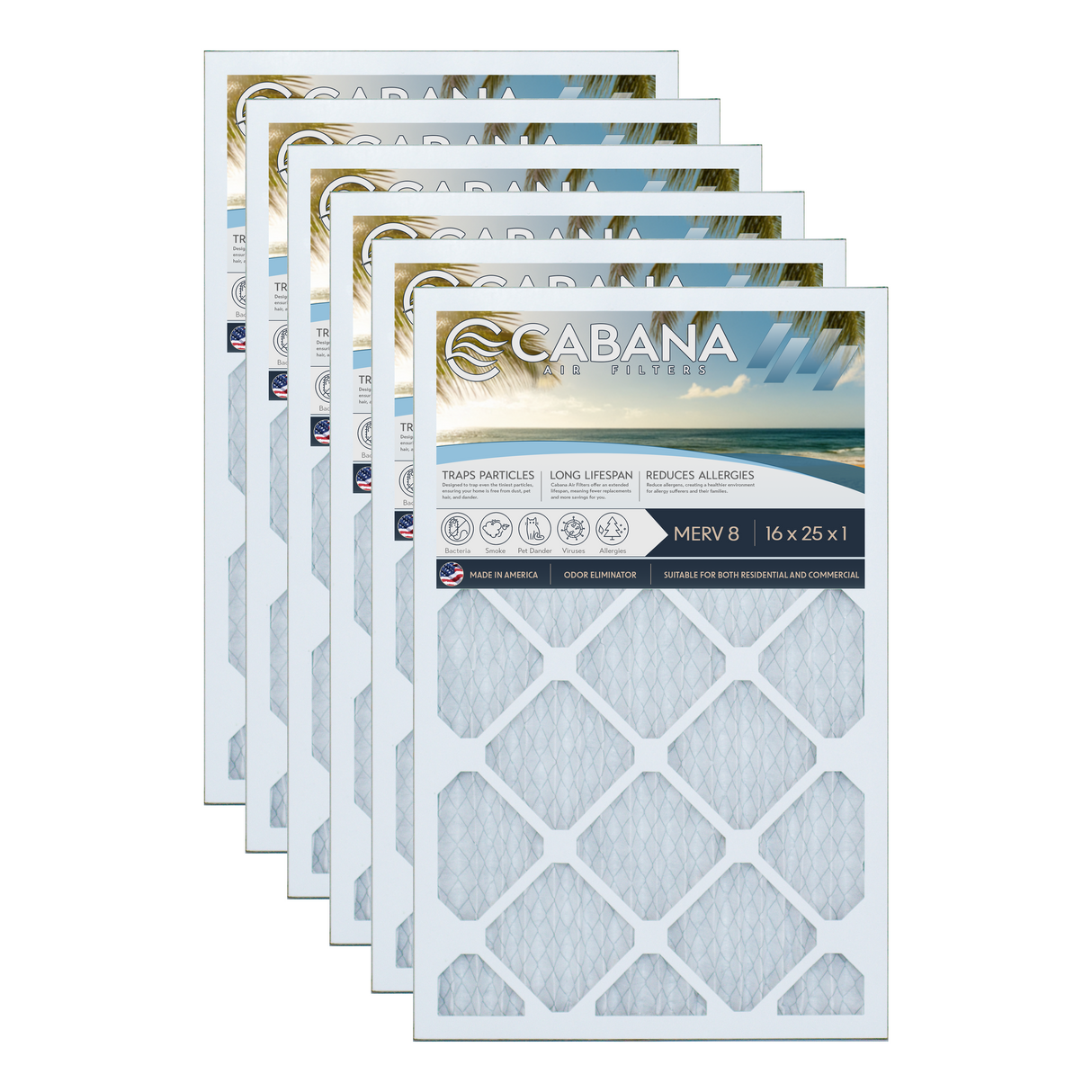 Cabana Filters 16x25x1 AC Furnace Air Filter Capture Unwanted Particles, Pleated Furnace Filter HVAC AC Filters - Made in the USA - 6 Pack