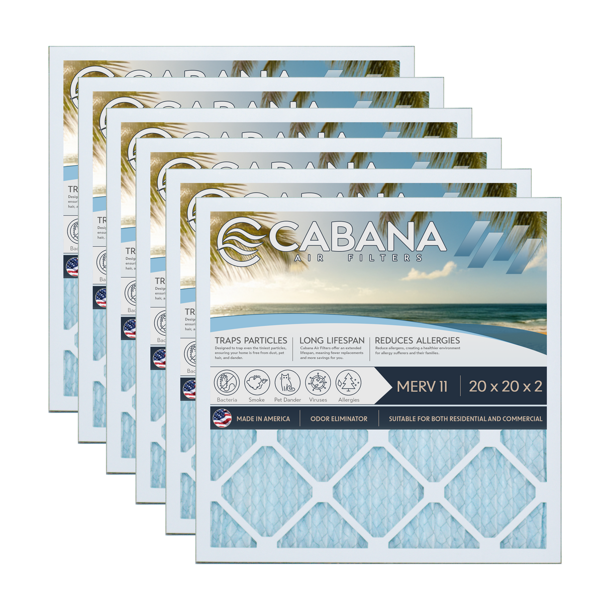 Cabana Filters 20x20x2 AC Furnace Air Filter Capture Unwanted Particles, Pleated Furnace Filter HVAC AC Filters - Made in the USA - 6 Pack